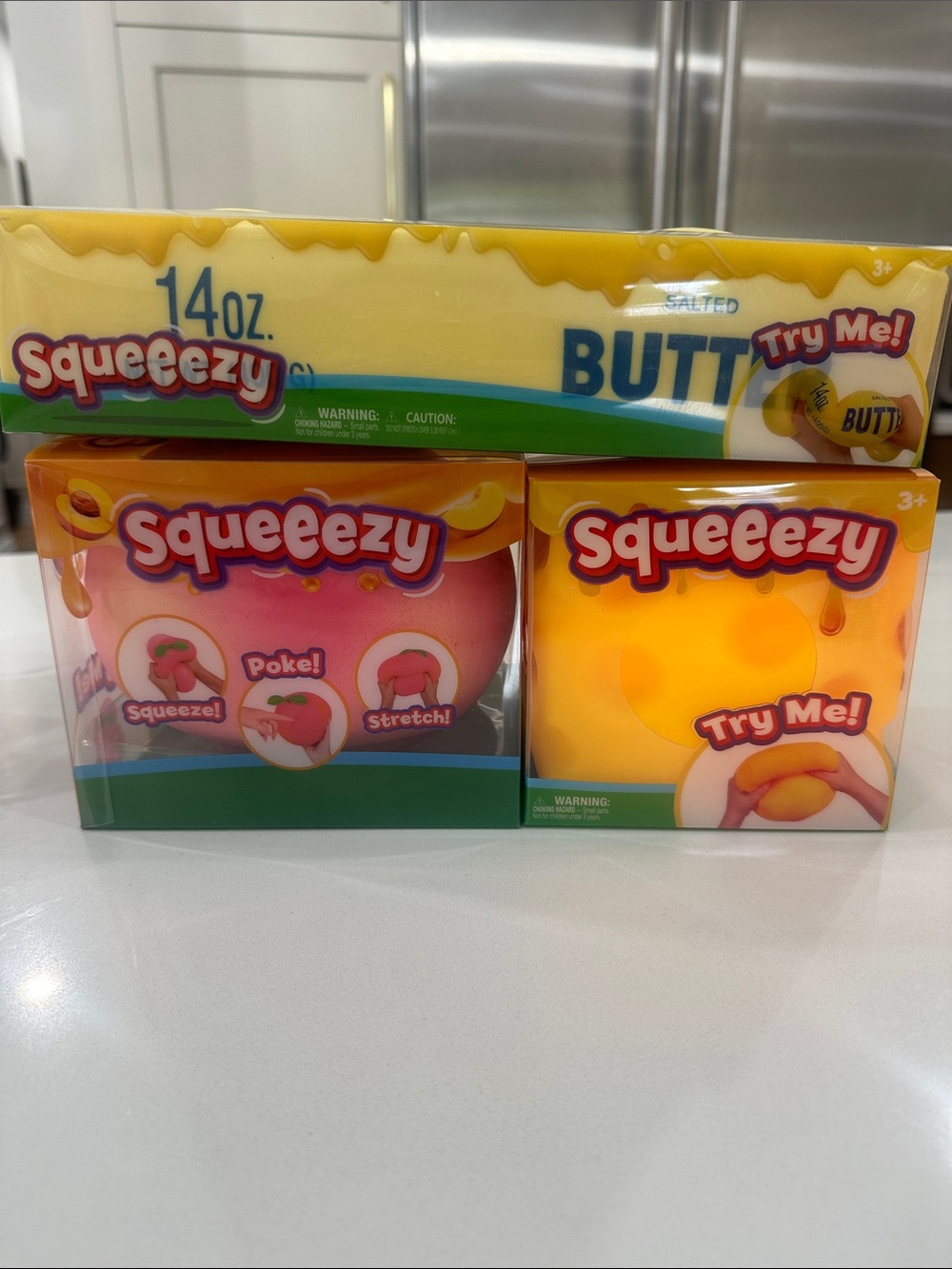 3 pc set Sunny days Squeezy Cheese, butter & Peach squishy toys Fast Ship